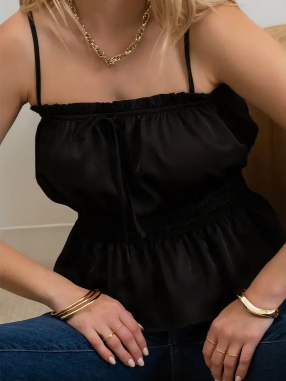 mine Black Satin Smocked Waist Tank Top